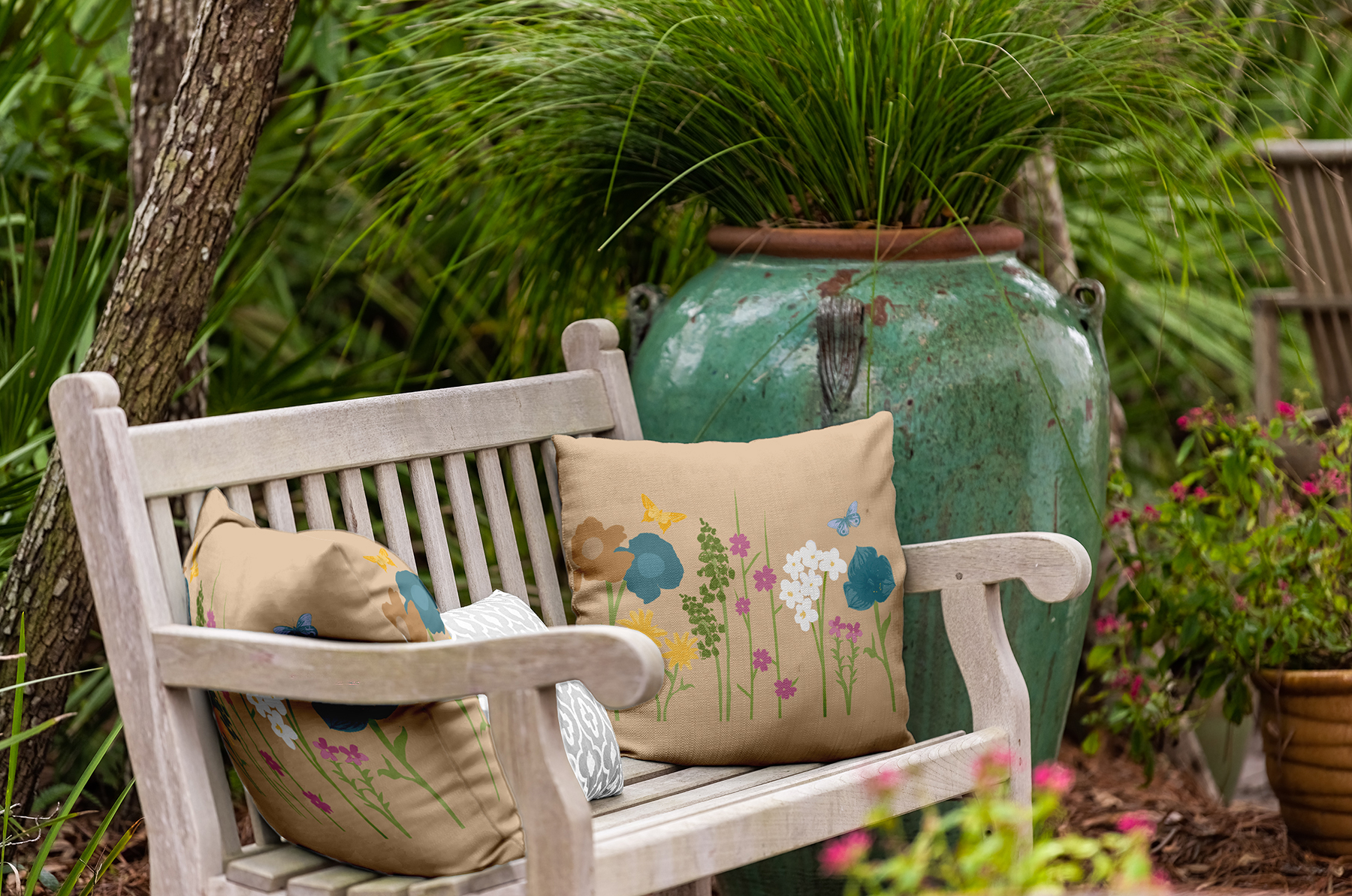 Simply Daisy 20" x 20" Little Garden Indoor/Outdoor Throw Pillow, Taupe (1 count)