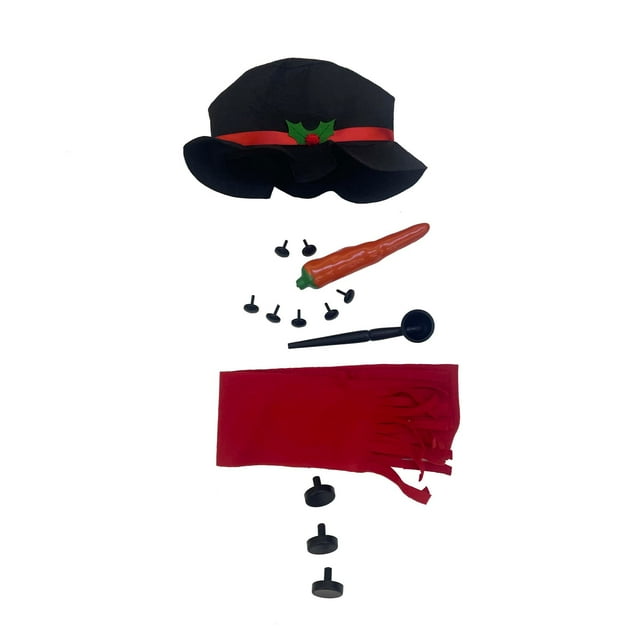 Build A Snowman Kit featuring a black hat with red ribbon and holly decoration, carrot nose piece, six black coal eyes/buttons pieces, a pipe accessory, three larger coal buttons pieces in descending size order from top to bottom on white background.