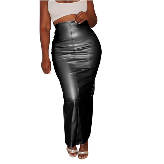JWZUY Women's Faux Leather PU Elastic Waist Bodycon Wrap Cocktail Skirt Back Split Mermaid Style Dress Black S
