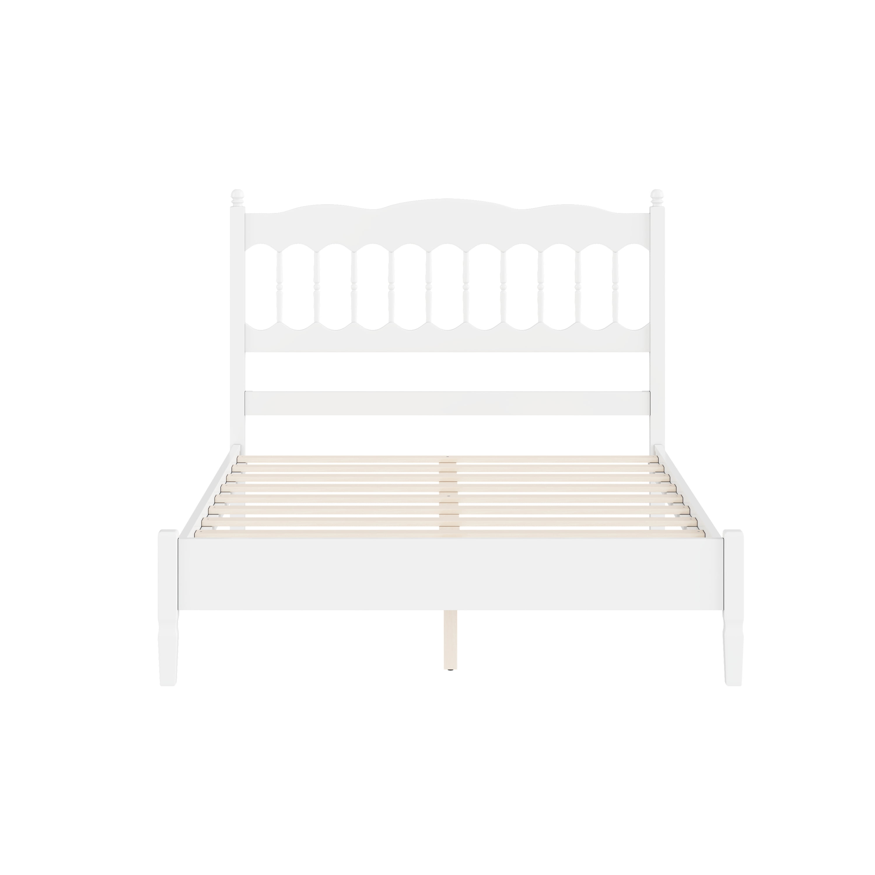 Mintazer Farmhouse Full Platform Bed with Spindle Headboard, Vintage Arched Slat Platform Bed Frame for Bedroom, No Box Spring Required, White