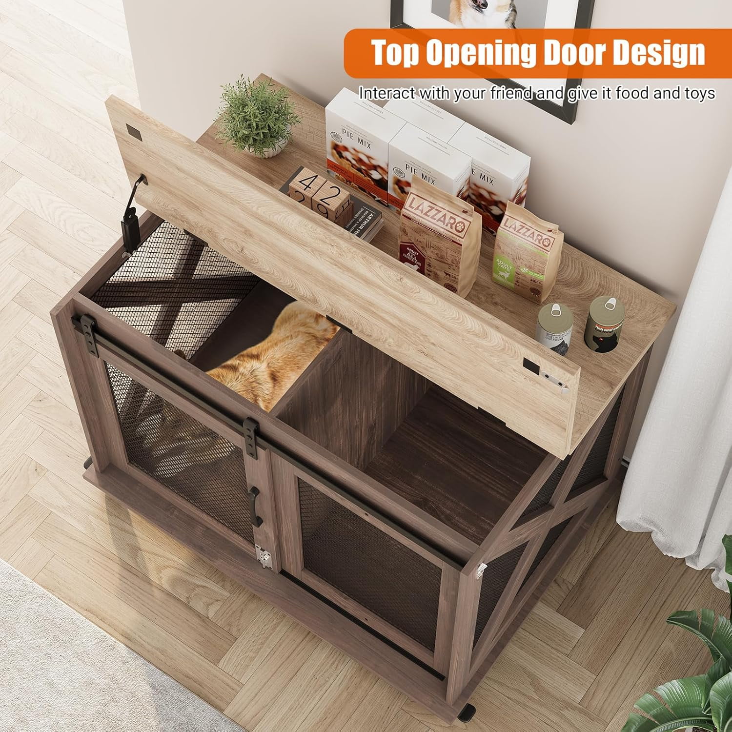 M optimized Dog Crate Furniture with Sliding Barn Door, Flip Top Dog Crate End Table with Wheels, Indoor Dog Kennel Furniture with Removable Divider, Dog House