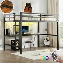 Aukfa Metal Full Size Loft Bed with Desk, Charging Station and LED Lights, Space-Saving, Noise Free, Black
