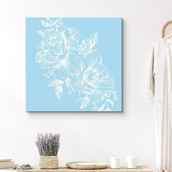PixonSign Canvas Print Wall Art Flower Line Art Over Blue Background Botanical Wilderness Illustrations Modern Art Modern Colorful Multicolor Pastel for Living Room, Bedroom, Office - 24x24 inches