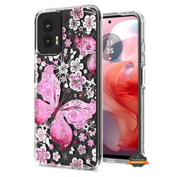 Xpression Phone Case For Motorola Moto G Stylus 5G 2025 Hybrid Clear Frame with Trendy Pattern Design, Shockproof Hard Back & TPU Rubber Cover, Pink Butterfly