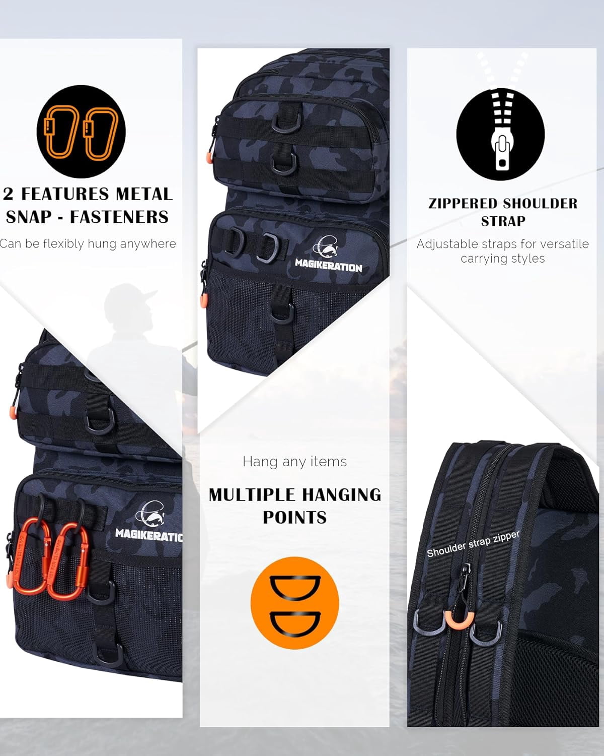 Fishing Backpack with Tackle Box,900D Oxford Water-Resistant Gear with Rod Holder, Fishing Gifts for Men with Lures, Pliers, Lip Gripper