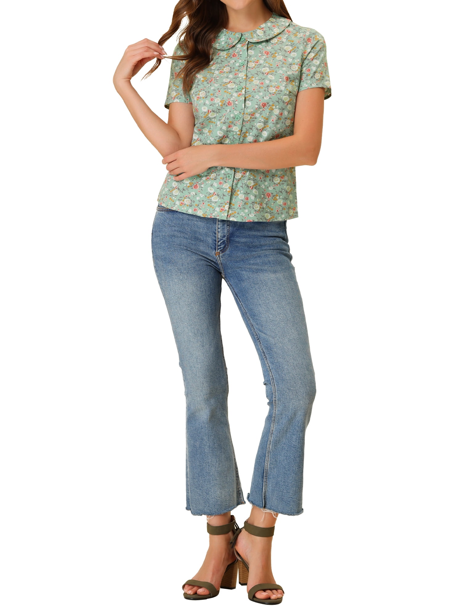 DARING DIVA Women's Retro Peter Pan Collar Button Front Blouse XL Green