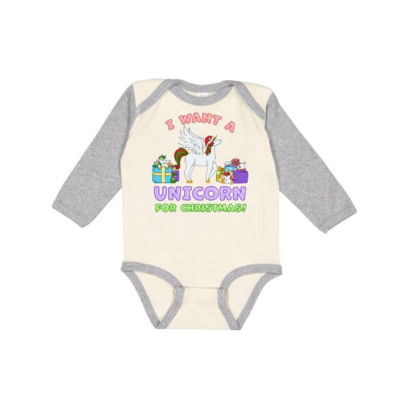 Inktastic I Want a Unicorn for Christmas with Presents Boys or Girls Long Sleeve Baby Bodysuit