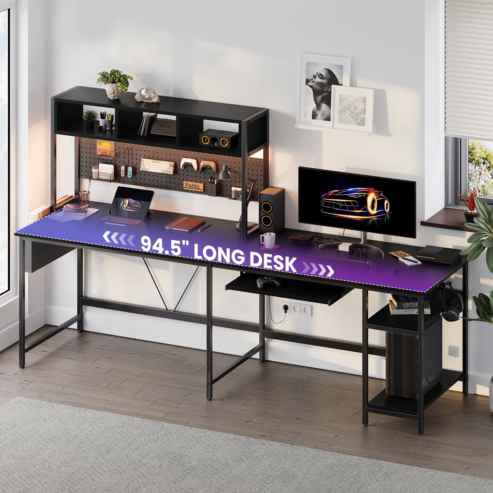 MCQ 94.5" Large L-Shaped Gaming Desk with LED Lights, Power Outlets, Drawer, Keyboard Tray & Hutch, Black