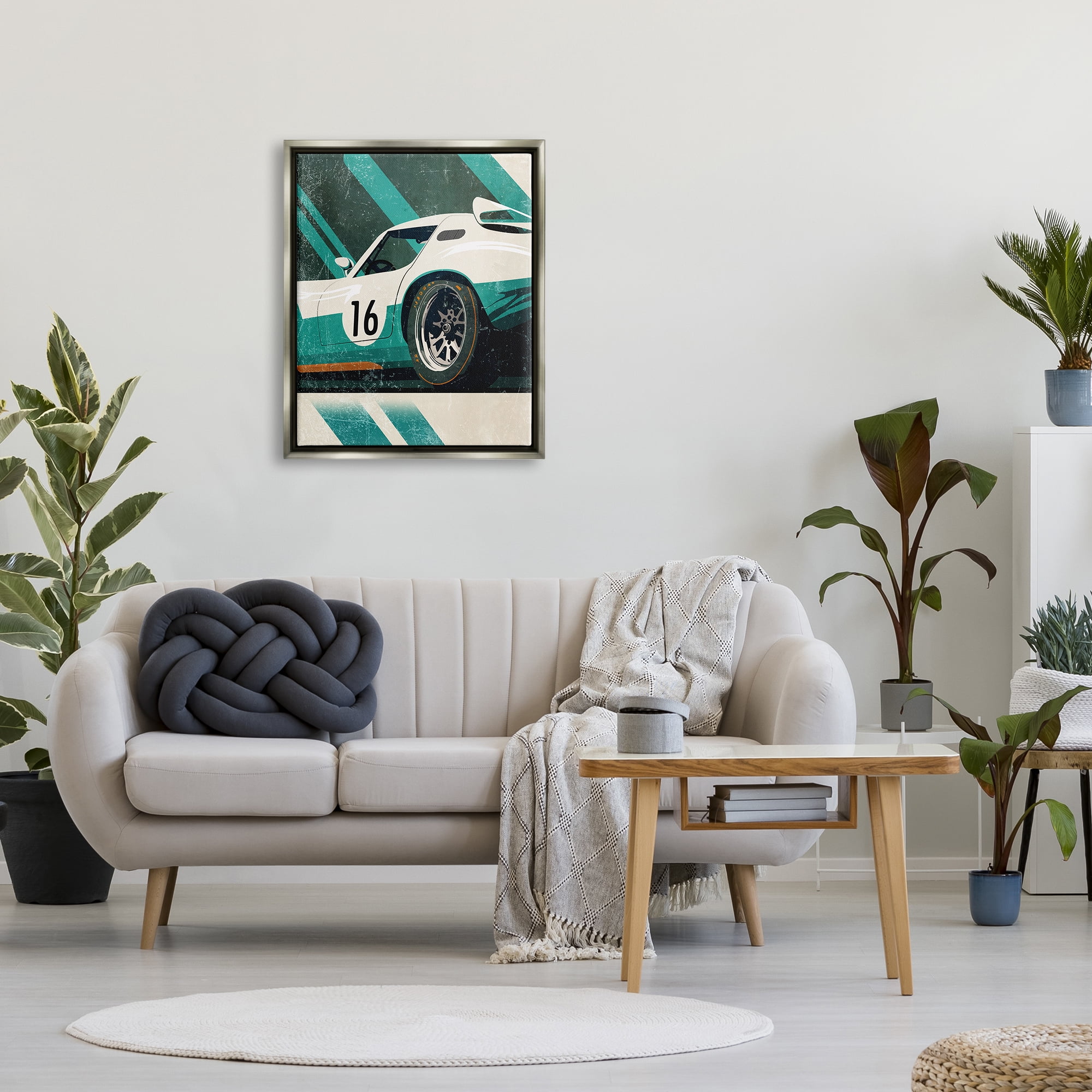 Stupell Industries Classic Green Race Car Transportation Painting Gray Floater Framed Canvas Art Print Wall Art, 25 x 31