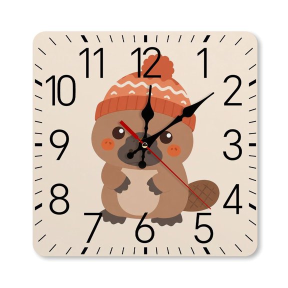 RKSupls 10×10inch Square Silent Wall Clock Wooden Frame, Platypus Winter Beanie Cute Scale Decorative Clock for Home Bedroom Living Room Office