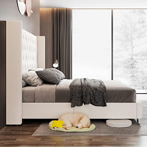 VanAcc King Upholstered Platform Bed Frame with Headboard, No Box Spring Needed, Cream