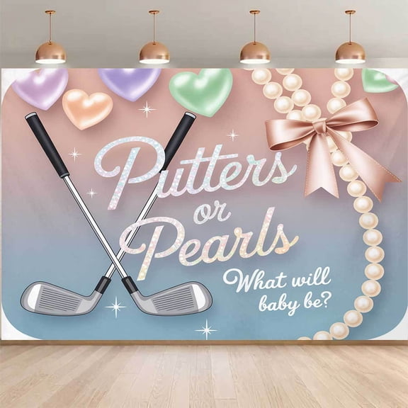 Putters or Pearls Gender Reveal Backdrop What Will Little One Be Background Stylish Heart Pink Bow He or She Gender Reveal Party Decorations Supplies Cake Table Banner Photo Booth Props