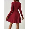 thumbnail image 2 of Women Long Sleeve Ribbed Knit Short Dresses Fall Winter V Neck Casual Swing A Line Sweater Dress Red XXL, 2 of 7