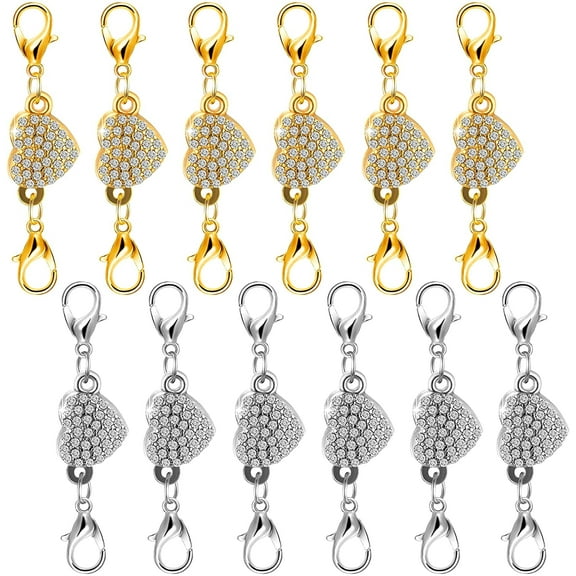 Pack of 12 Gold and Silver Color Magnetic Lobster Clasps for Jewelry. Strong Magnet Accessory for Necklace, Bracelet. DIY Friendly. (Heart)