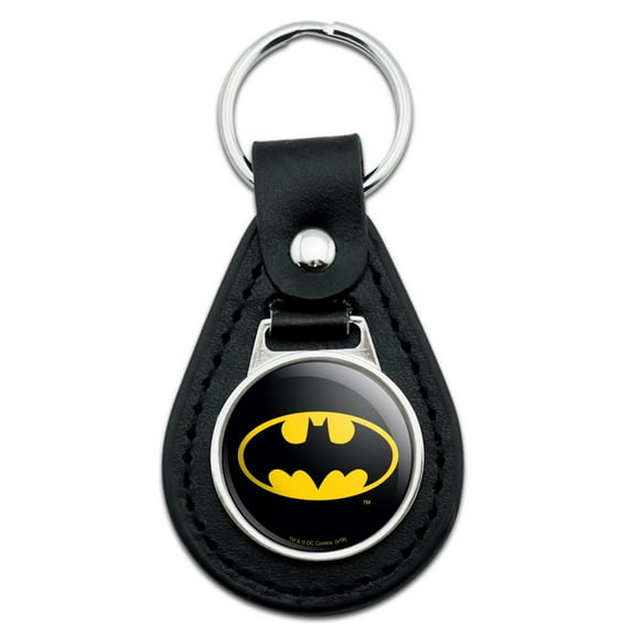Black Leather  Batman Classic Bat Shield Logo Keychain