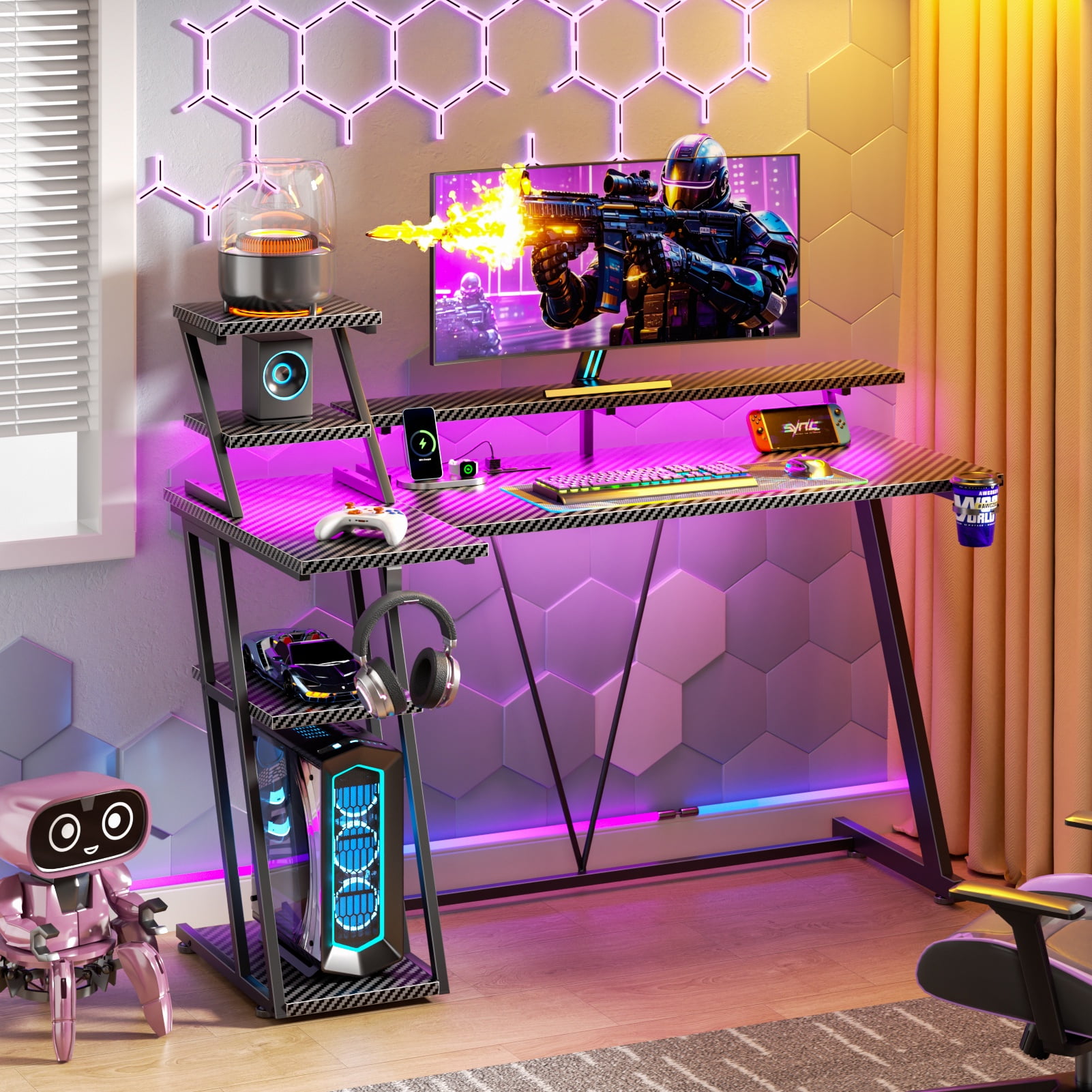 Satifur 47" Carbon Fiber Gaming Desk L-Shaped Computer Desk, RGB Lights & Power Outlets, Black