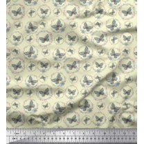 Soimoi Yellow Japan Crepe Satin Fabric Wreath & Butterfly Print Fabric by the Yard 42 Inch Wide