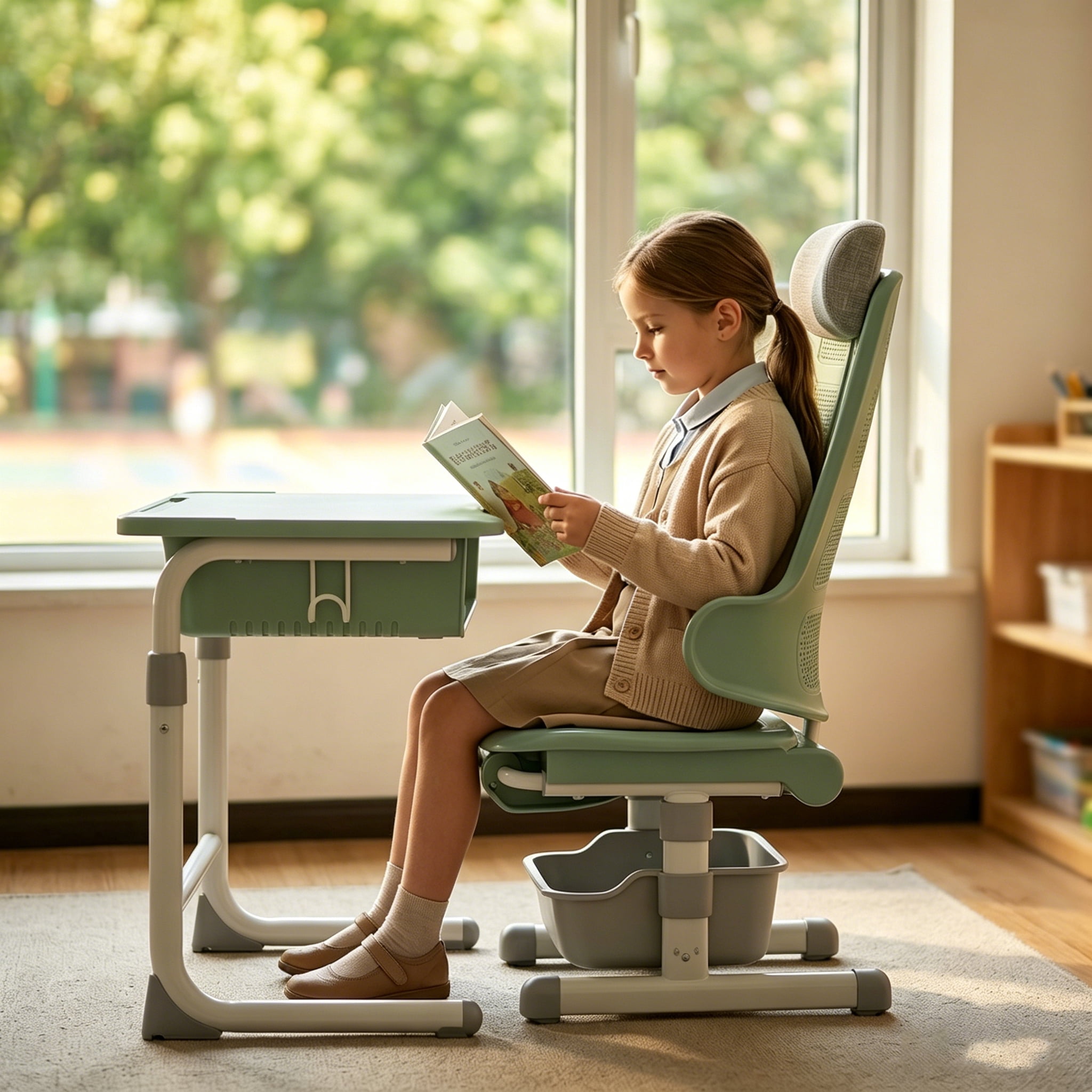 Ergonomic Kids Study Chair with 3D Curved Backrest and Seat, PP Material Student Desk Chair with Storage Box and Footrest, Comfortable Computer Chair for Children and Teens