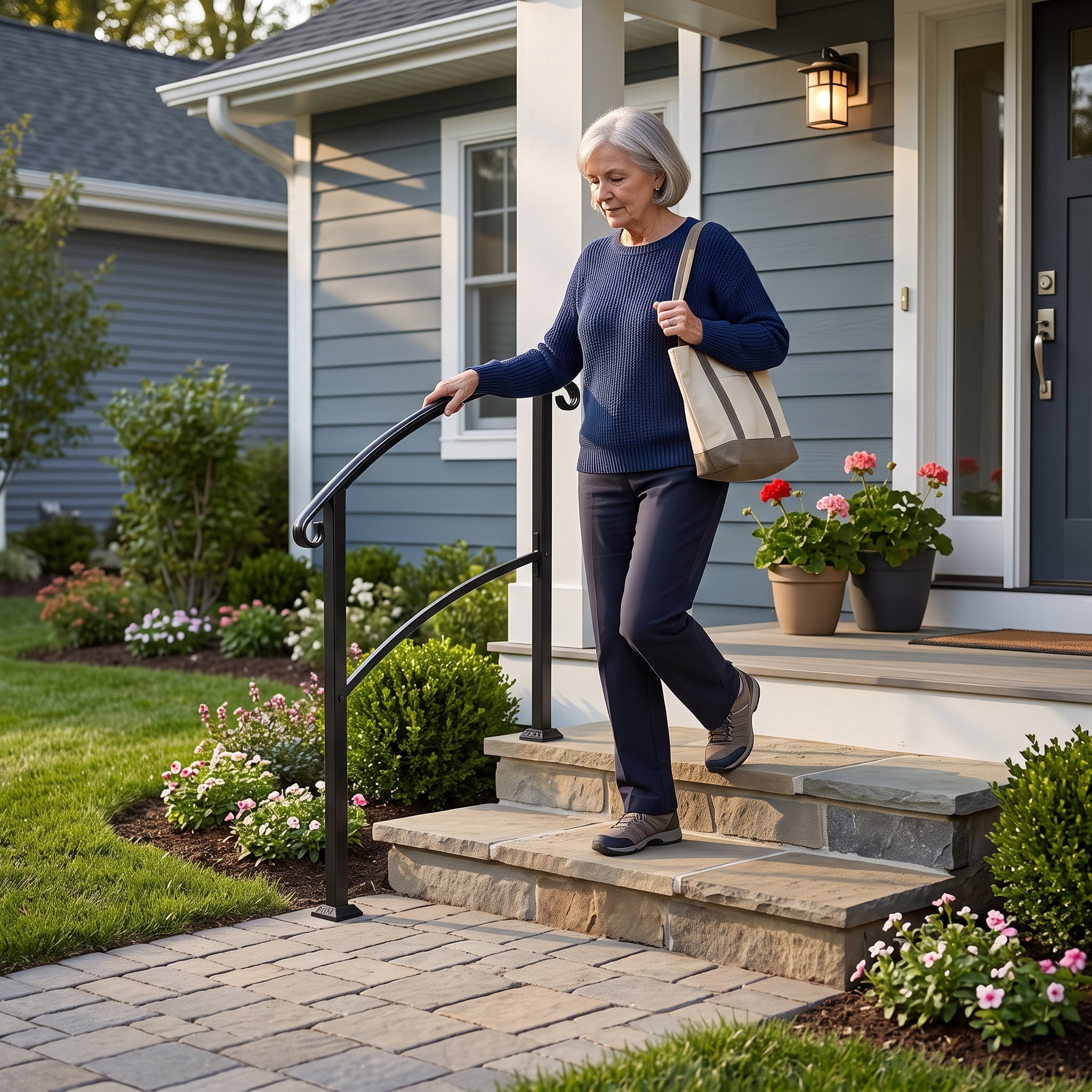 Wrought Iron Handrail, 1-3 Step Adjustable, Non-Slip Design, Powder Coated, Weather Resistant