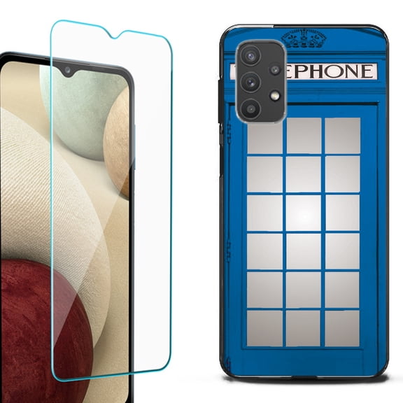 Slim-Fit Flexible TPU Gel Phone Case (black) for Samsung Galaxy A32 5G, with Tempered Glass Screen Protector, by OneToughShield ® - Phone Booth Blue