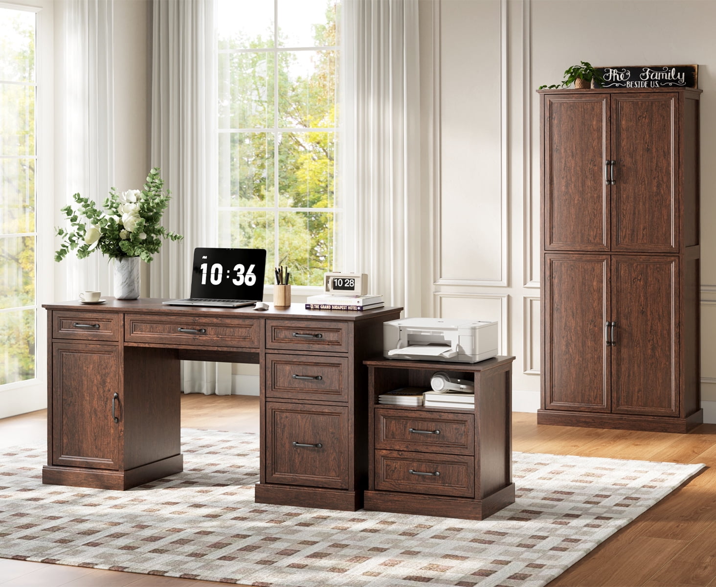 YouTrend 58'' Farmhouse Executive Desk,Wood Home Office Computer Desk with 5 Drawers and Storage Cabinet for Work Study Writing,Brown