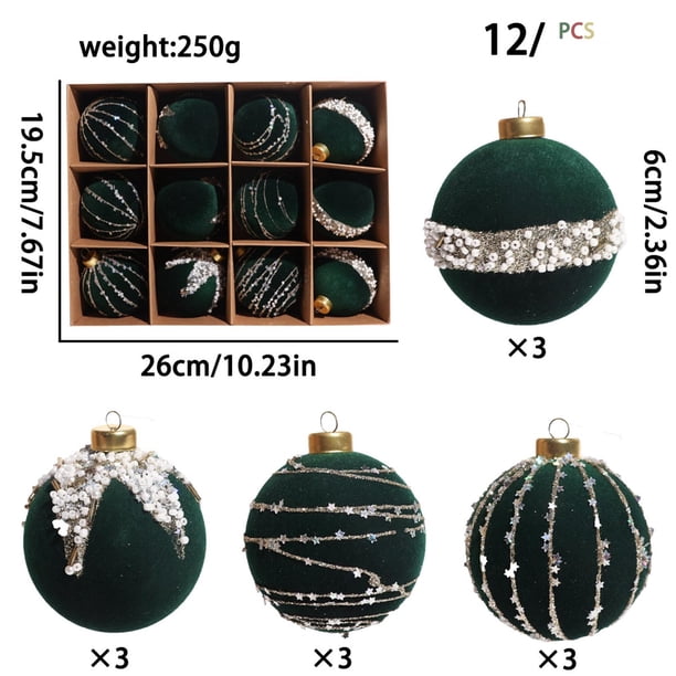 Adornos navideños, regalos navideños, paquete de 12 bolas navideñas flocadas y con cuentas, adornos colgantes decorativos para árbol de Navidad, juego de bolas de taladro con cinturón flocado.