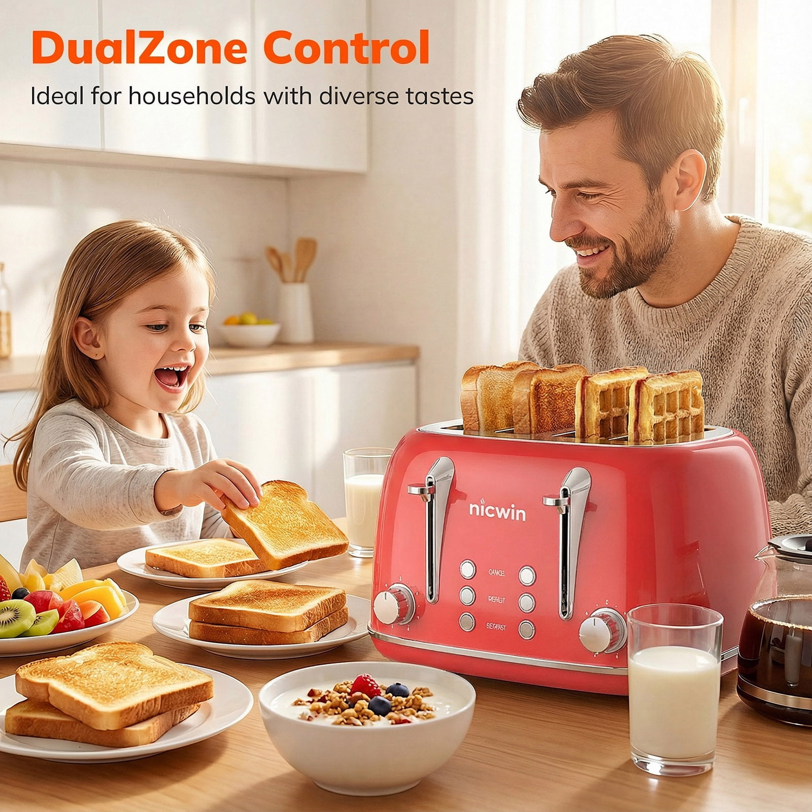 NICWIN 4 Slice Toaster, Extra Wide Slots Bread Toaster, Toast Shade Selector, Defrost & Reheat Functions for Kitchen Apartment Essentials, Red