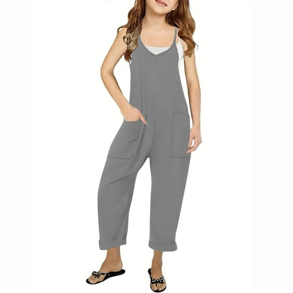 KkSLirnhs Size 6Y-15Y Girls Casual Jumpsuits Sleeveless Summer Rompers Long Pants with Pockets for 5-14 Years Gray 11 Years