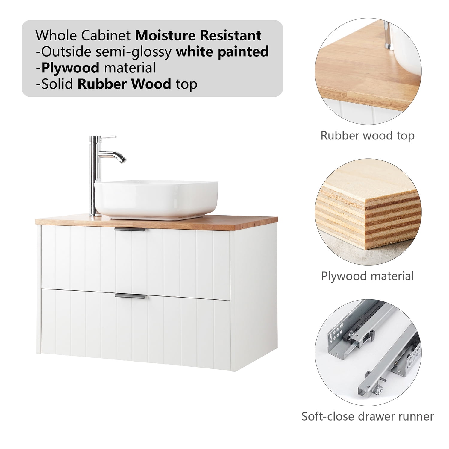 Demi Bonn 31" Double Drawer Wall-Mounted Bathroom Vanity with Solid Wood Natural Top, Square Art Ceramic Sink and Round Mirror, Faucets and Drains Not Included, White