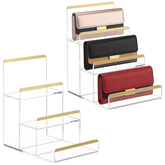 2 Pcs Purse Display Stands, Clear 3-tier Acrylic Wallet Risers with Golden Edge, Space-saving Handbag Display Shelves, Countertop Organizer Racks for Clutches, Perfume, Accessories
