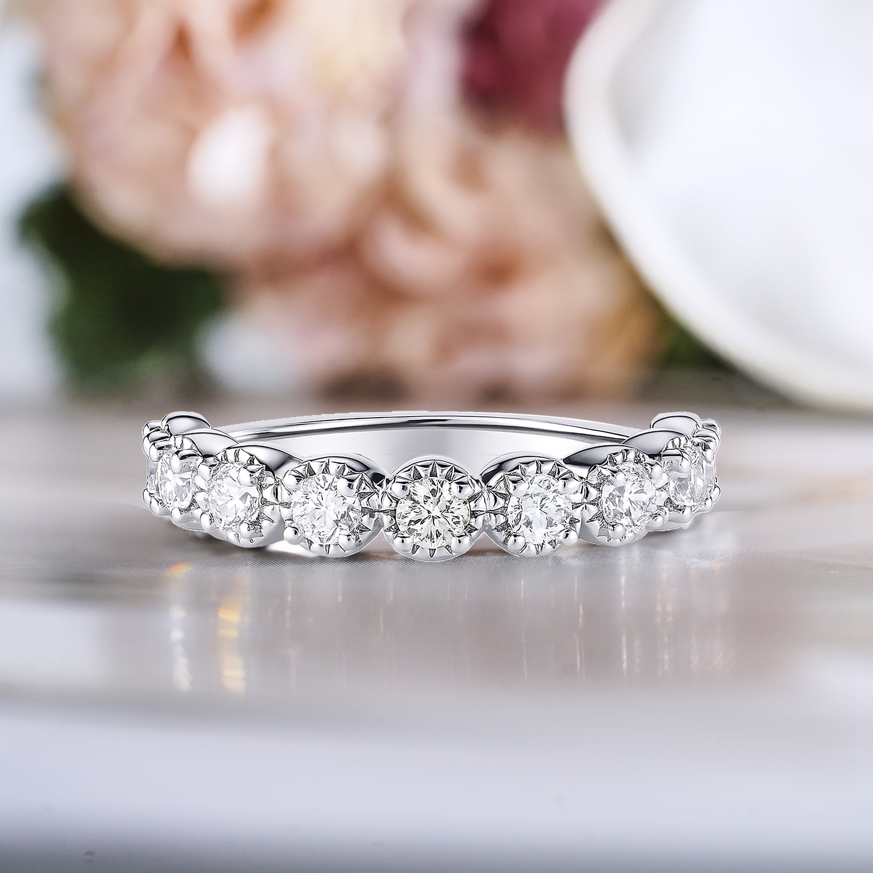 JeenMata Lab Grown Diamond Round Prong Set Vintage Anniversary Ring in 18K White Gold Plated for Women
