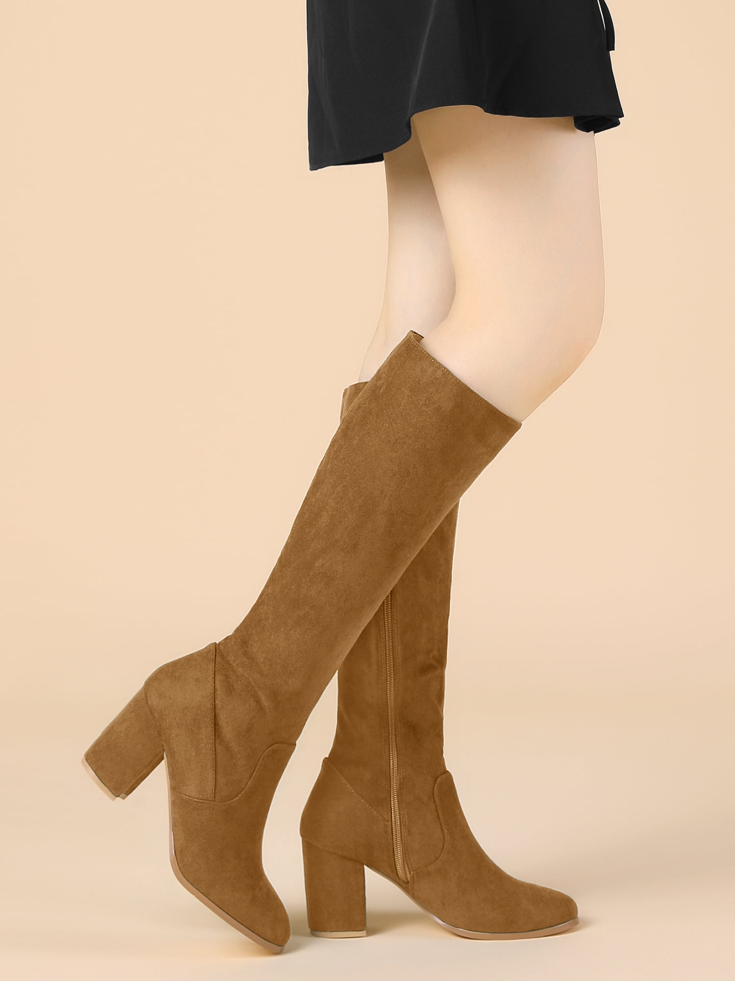 DARING DIVA Women's Stylish Side Zipper Chunky Heel Knee High Boots Brown 6.5