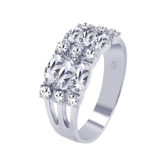 Sterling Silver 925 Rhodium Plated Round Marquise 3 Row Ring White CZ Jewelry Female Size 5
