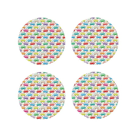 

Honeii Colorful Bus Print Leather Coaster Set of 4 Ideal for Safeguarding Your Furniture from Drinks Spills and Effortless Cleanup-Round Shape