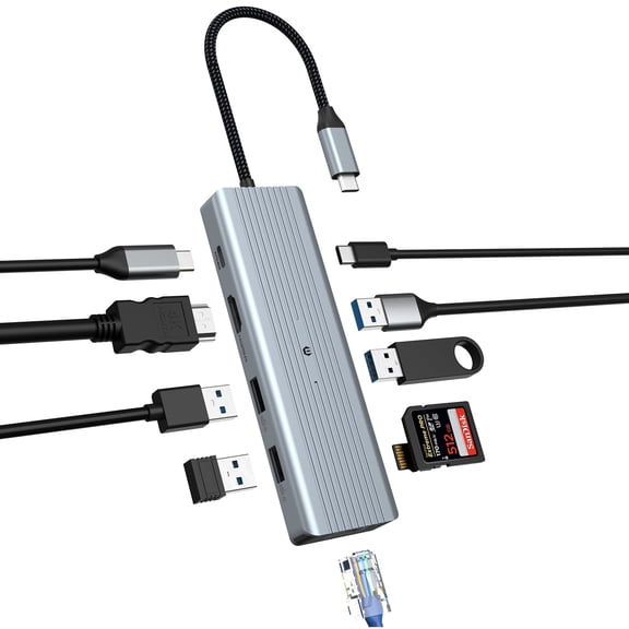 10 in 1 USB C Hub for Mac Pro/Air, 4K HDMI, LAN RJ45, USB C 3.0, 2 USB A 3.0, 100W PD, 2 USB 2.0, SD/TF, Windows Surface Pro 7