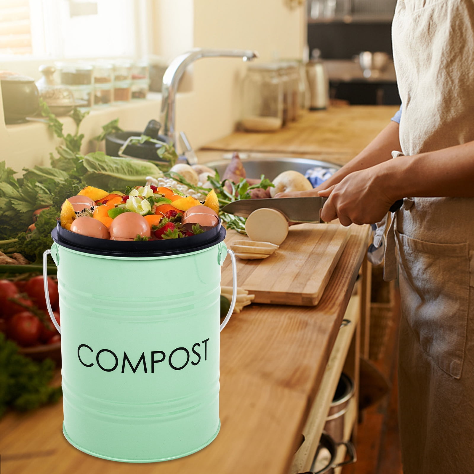 Vipush Compost Bin Kitchen Counter, Durmmur 1.0 Gallon Indoor Kitchen Compost Bin, Energetic Green Countertop Compost Bin with Lid Sealed for Waste Food Compost Bucket
