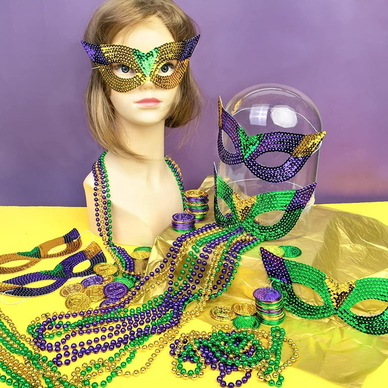 Mardi Gras Beads Necklaces Mask Coins Party Favors Set, 124pcs Mardi Gras Accessories Decorations Bulk for Kids Women Men Parades Carnival Games Toy