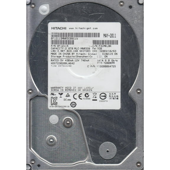 HDS723020BLA642, PN 0F12115, MLC MNR5C0, Hitachi 2TB SATA 3.5 Hard Drive