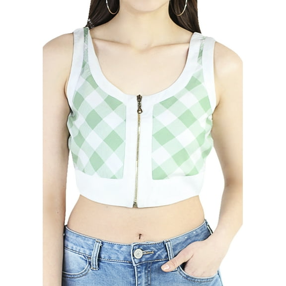 Artyska Women's Casual Round Neck Checkered Print Sleeveless Crop Top/Blouse