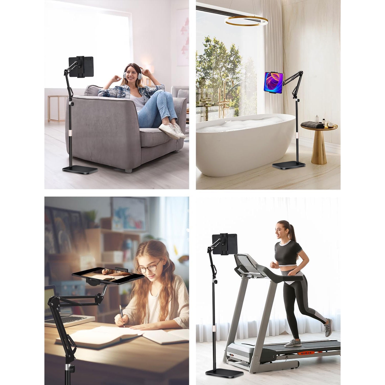 Hanru Tablet Floor Stand, 69" Height Adjustable 360-Degree Rotatable Tablet Holder, Thickened Stable Base, Arm Stretchable Stand, Overhead Bed Phone Mount（4"~12.9"）