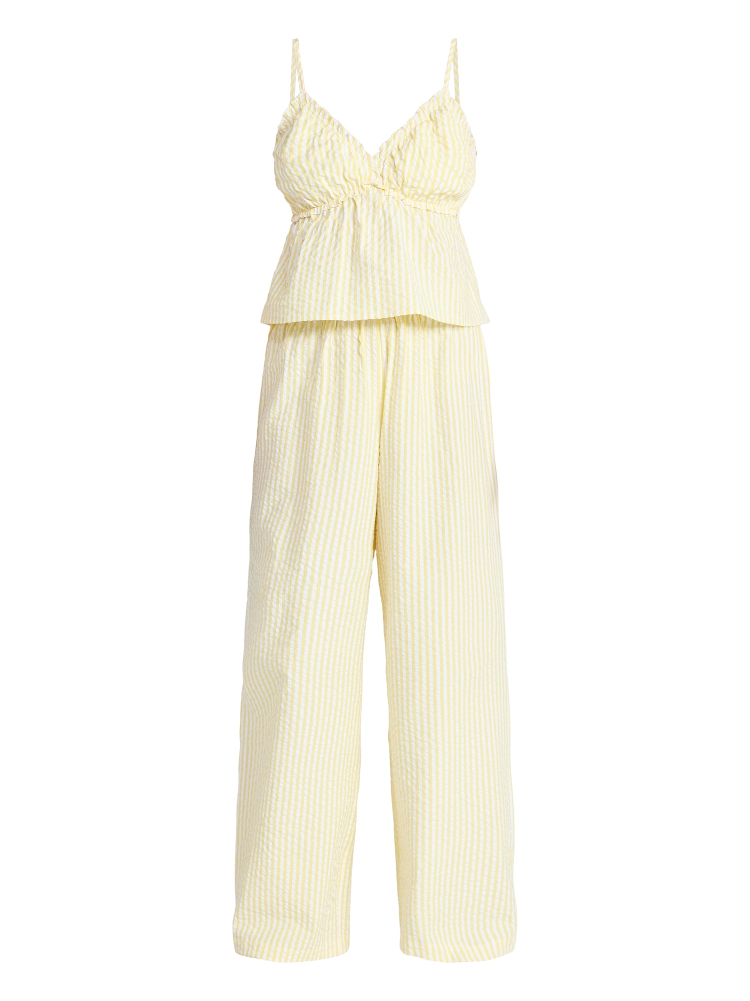 No Boundaries Striped Seersucker Ruffle Cami and Drawstring Pants Set, 2-Piece, Women's XXS-4X