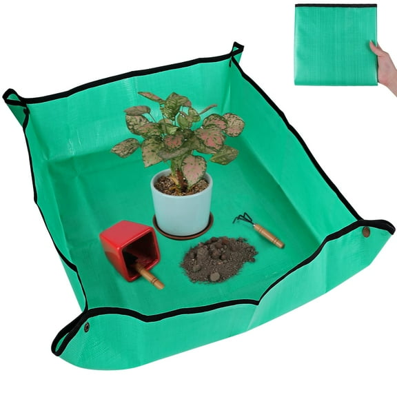 Plant Repotting Mat for Indoor Gardening, Waterproof Potting Tray for Succulents Cactus Orchid, Large Foldable Soil Mixing Mat with High Side Walls, Green