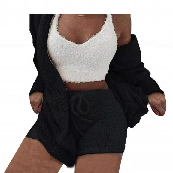 Women's Sexy Fuzzy 3 Piece Outfits Fleece Warm Hooded Cardigan Crop Top Shorts Set Pajamas Loungewear