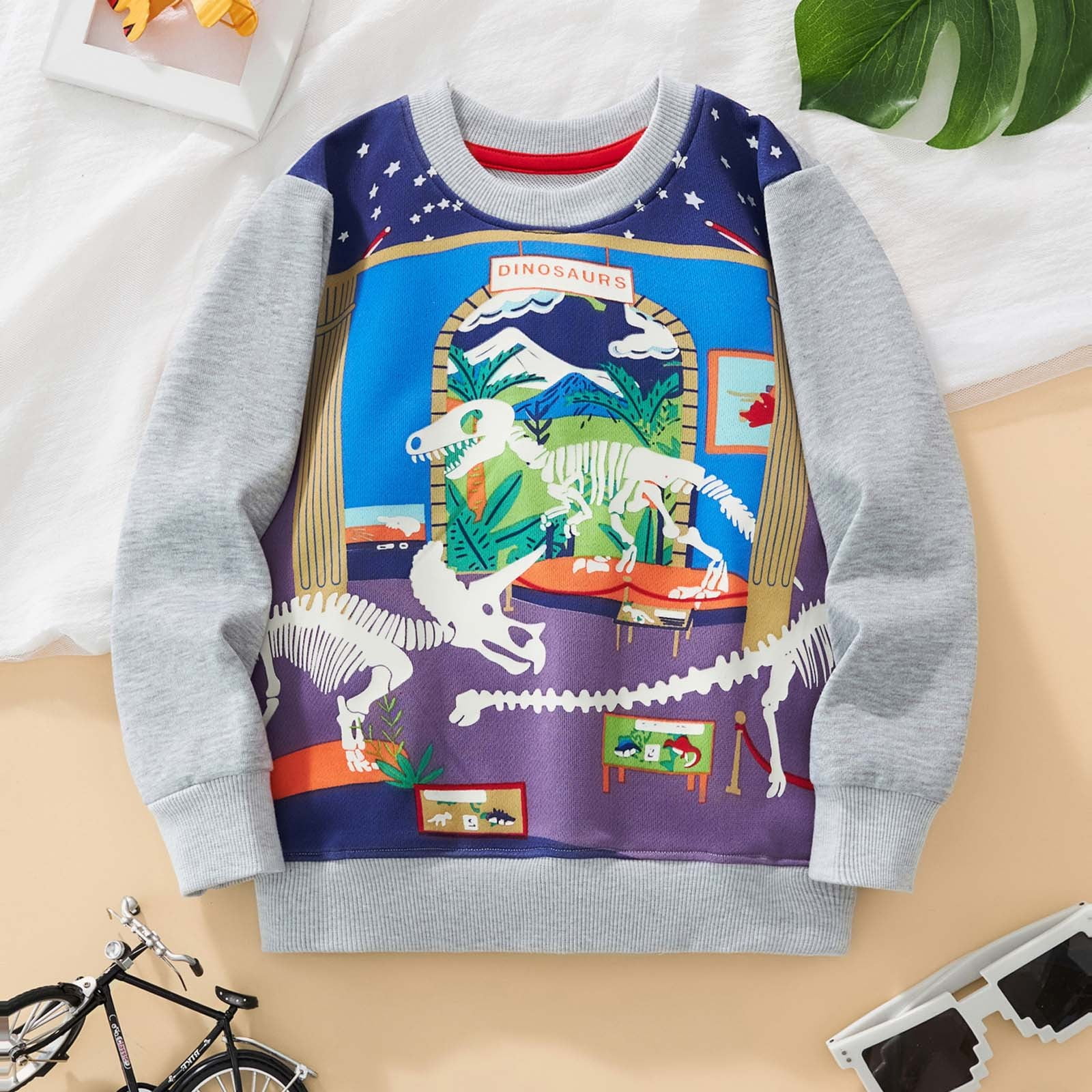 Rggeeun Child Boy Pullover Cute Dinosaur Pattern Long Sleeve Crew Neck Loose Soft Breathable Plus Size for Fall Gym Fashion Tops Multicolor 4-5 Years
