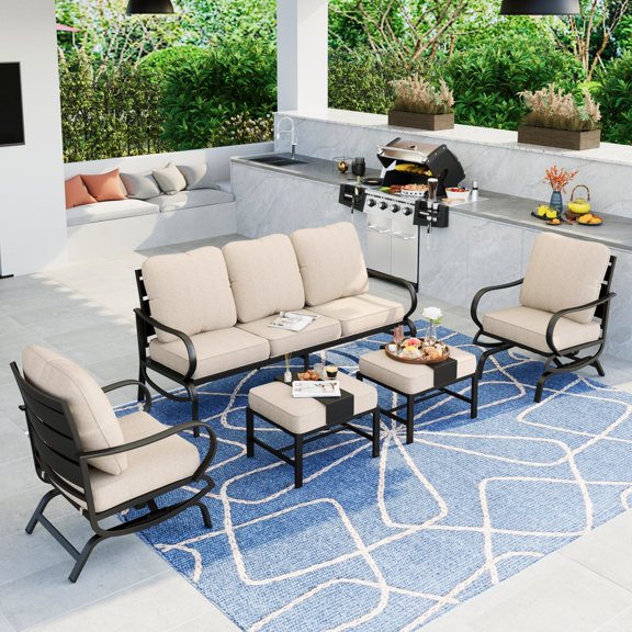 Summit Living 5 Piece Patio Conversation Set for 7 Person, Steel Sofa Outdoor Furniture Set, Beige Cushion