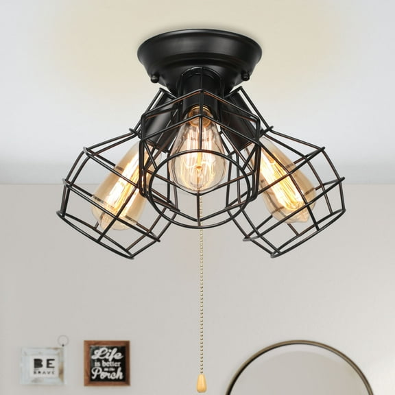 LNC 3-Light Farmhouse Matte Black And Cage Shade Flush Mount For Loundry
