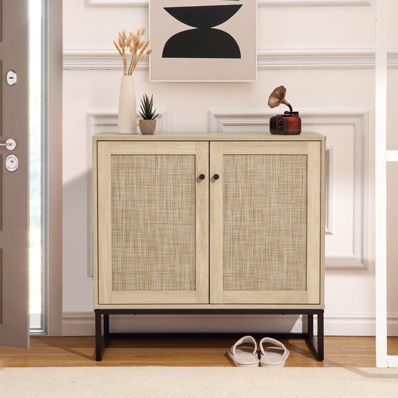 Farmhouse Sideboard Buffet Storage Cabinet with Rattan Doors, Entryway Accent Table Kitchen Cupboard Console Table with Adjustable Shelf for Living Room, Bedroom, Dining Room, Hallway