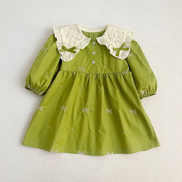Body coreano bordado con lazo para bebé, vestido bonito de primavera con cuello de mariposa y manga larga para niña, ropa para niños, vestido para hermanas