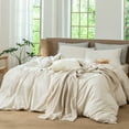 thumbnail image 6 of MooMee Striped Duvet Cover Set Queen 100% Washed Cotton Linen Like Textured Breathable 3-Piece (Almond Milk Grey& White Pinstripes), 6 of 7