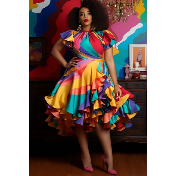 Plus Size Multicolor Abstract Print Satin Dress, High Neck Puff Sleeve Fit-and-Flare Ruffled Hem Cocktail Party Gown